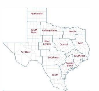 A map of the 12 Texas A&M AgriLife Extension districts.
